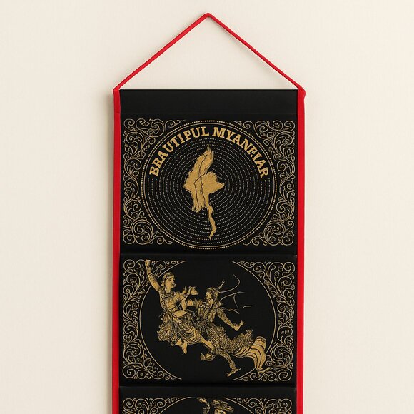 Beautiful Myanmar Hanging Organizer | 4 Pocket Embroidered Wall Decor - Picture 1 of 7